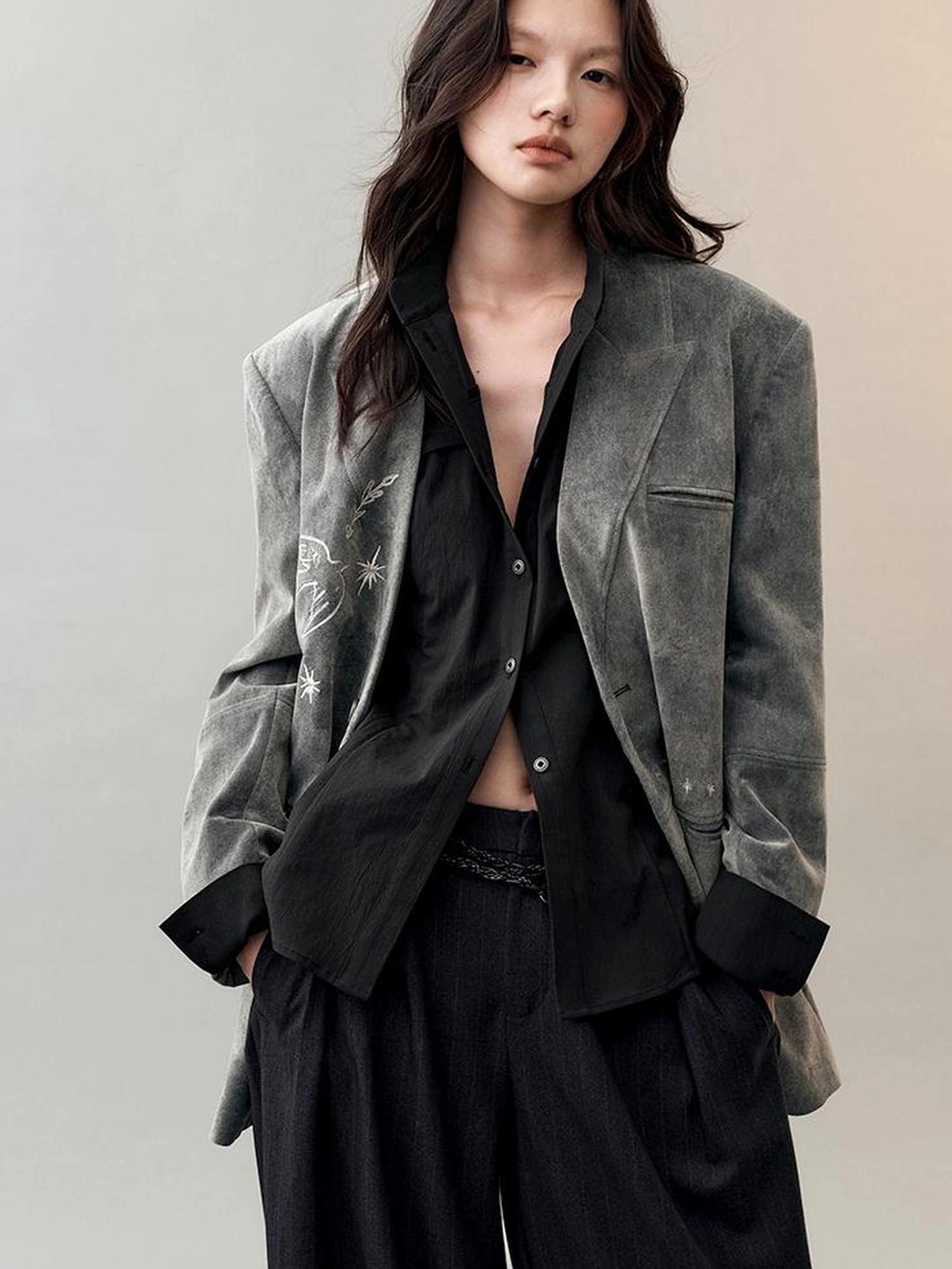 AnnoMundi Faux Suede Embroidered Bird Trench Coat Jacket