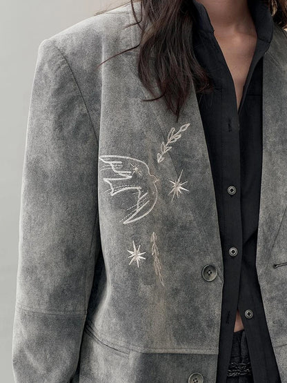 AnnoMundi Faux Suede Embroidered Bird Trench Coat Jacket