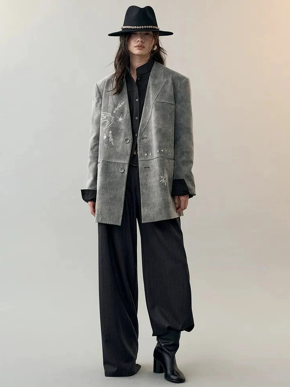 AnnoMundi Faux Suede Embroidered Bird Trench Coat Jacket