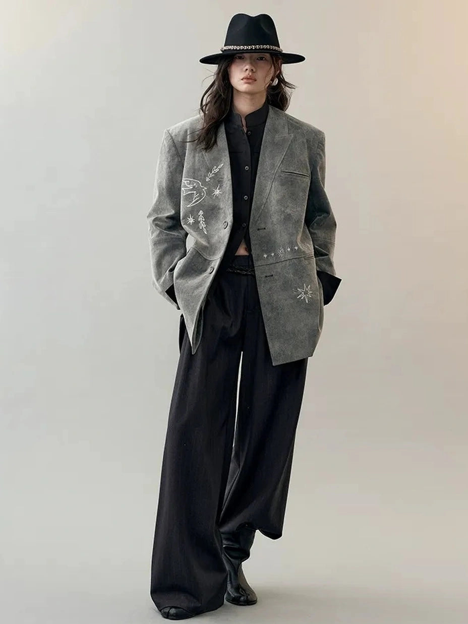 AnnoMundi Faux Suede Embroidered Bird Trench Coat Jacket