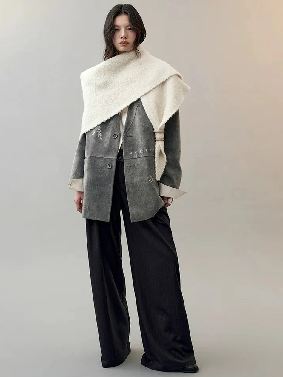 AnnoMundi Faux Suede Embroidered Bird Trench Coat Jacket