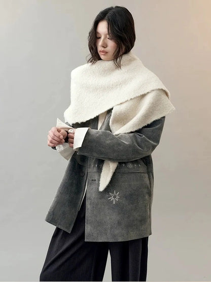 AnnoMundi Faux Suede Embroidered Bird Trench Coat Jacket