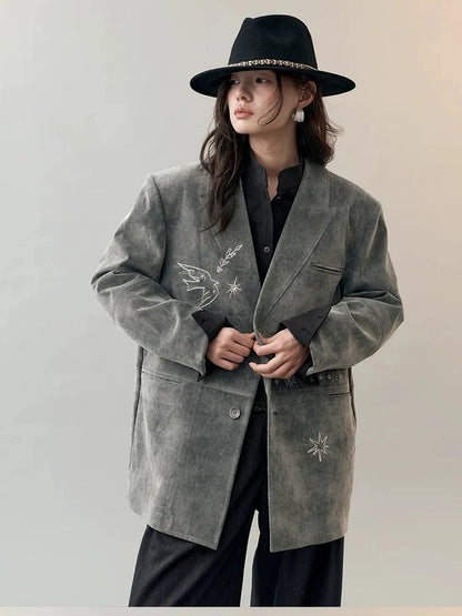 AnnoMundi Faux Suede Embroidered Bird Trench Coat Jacket