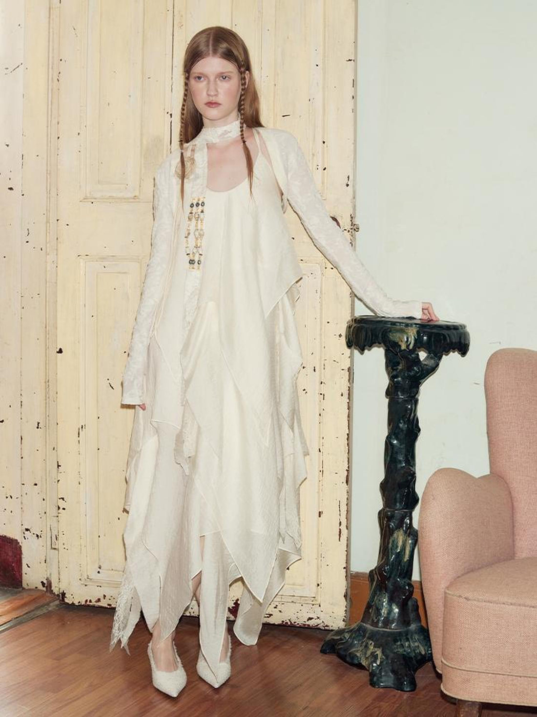 AnnoMundi Featherlight Woven Lace Maxi Dress V-Neck T-Shirt Long-Sleeve