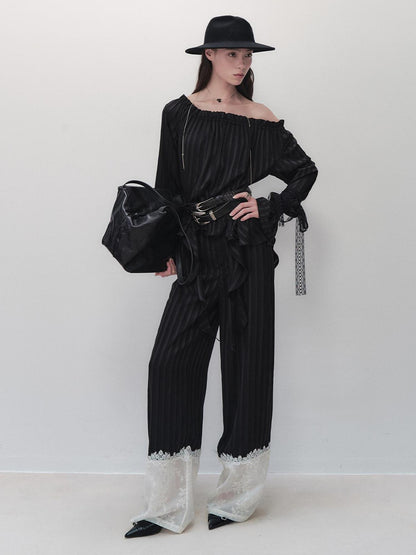 AnnoMundi Floral Embroidered Lace Trim Striped Trousers