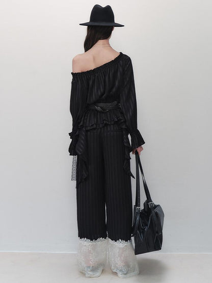 AnnoMundi Floral Embroidered Lace Trim Striped Trousers