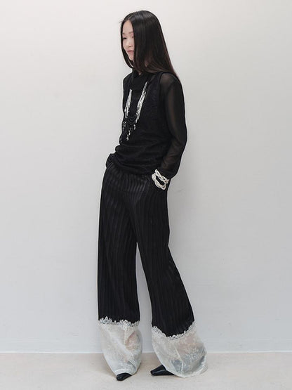 AnnoMundi Floral Embroidered Lace Trim Striped Trousers