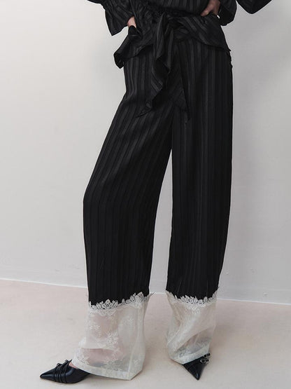 AnnoMundi Floral Embroidered Lace Trim Striped Trousers