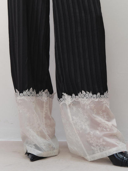 AnnoMundi Floral Embroidered Lace Trim Striped Trousers