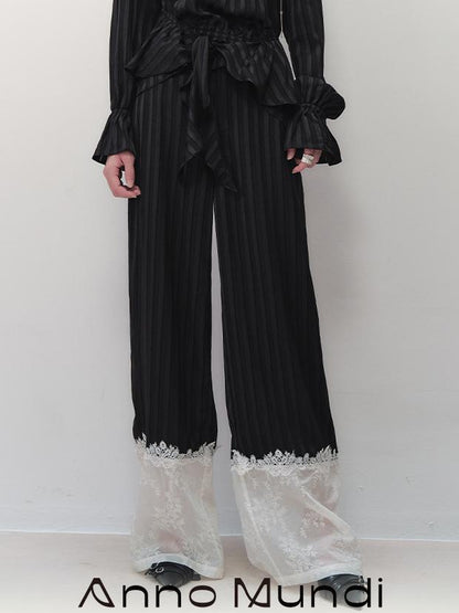 AnnoMundi Floral Embroidered Lace Trim Striped Trousers