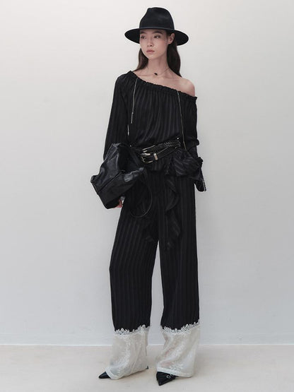 AnnoMundi Floral Embroidered Lace Trim Striped Trousers