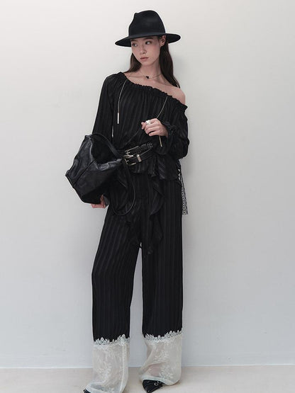 AnnoMundi Floral Embroidered Lace Trim Striped Trousers