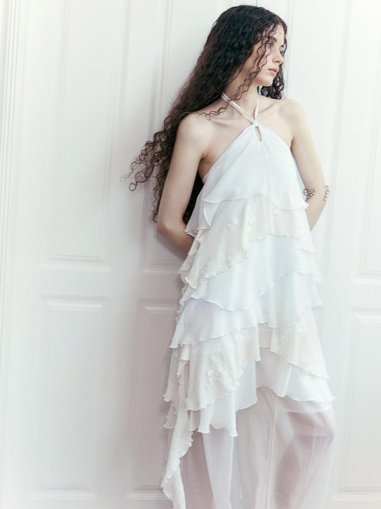 AnnoMundi Floral Embroidered Sheath Chiffon Mini Dress V Neck