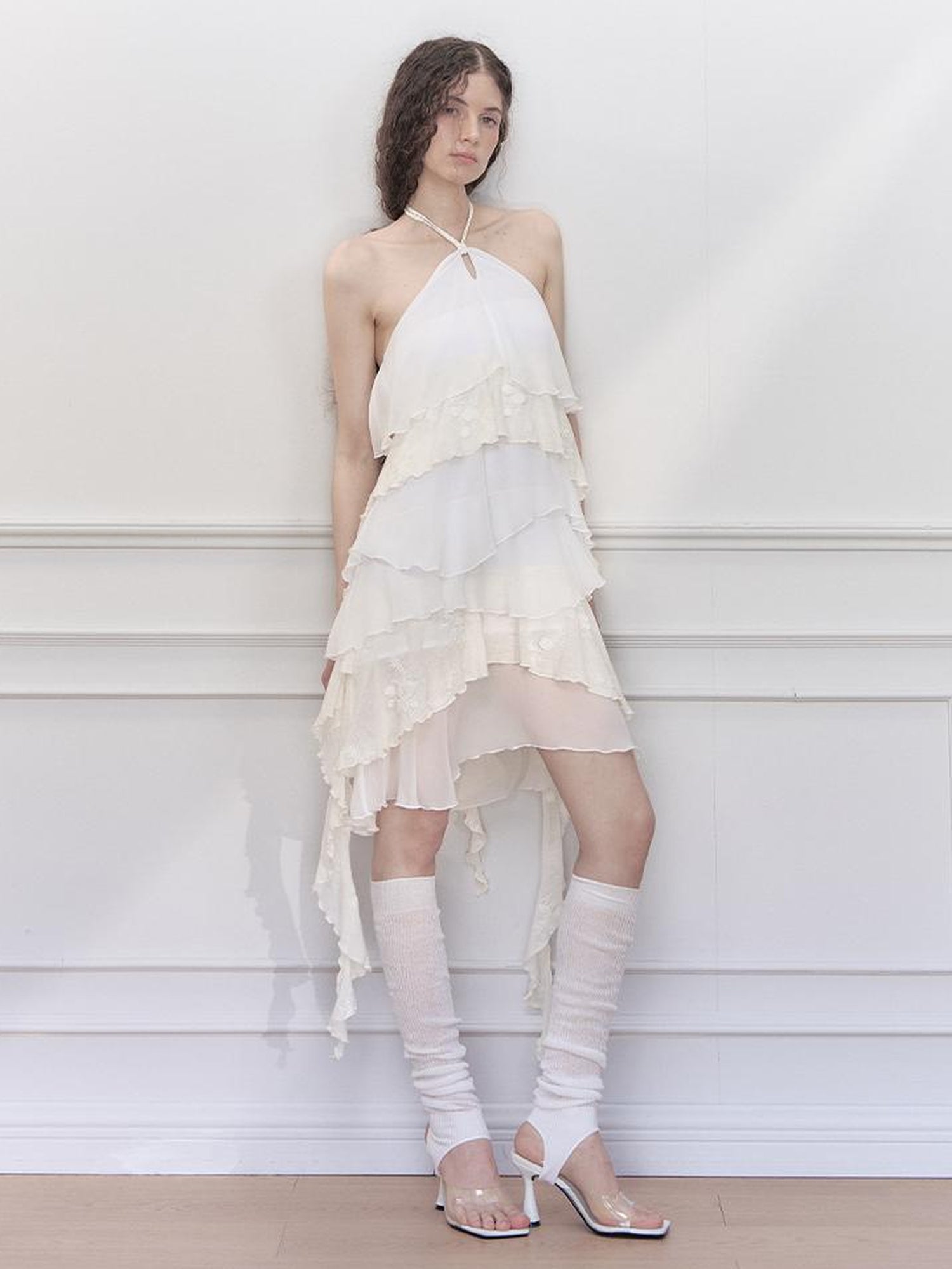 AnnoMundi Floral Embroidered Sheath Chiffon Mini Dress V Neck