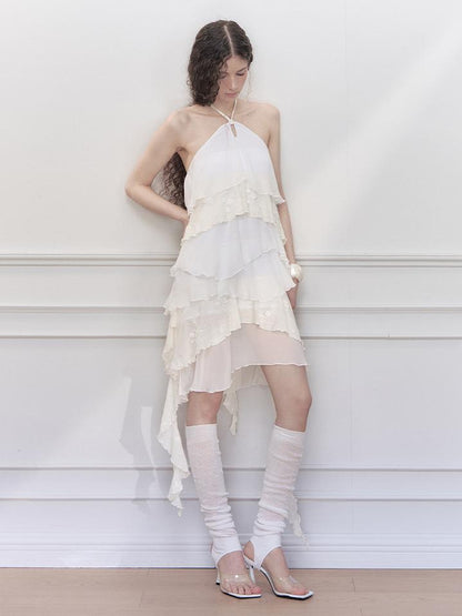 AnnoMundi Floral Embroidered Sheath Chiffon Mini Dress V Neck