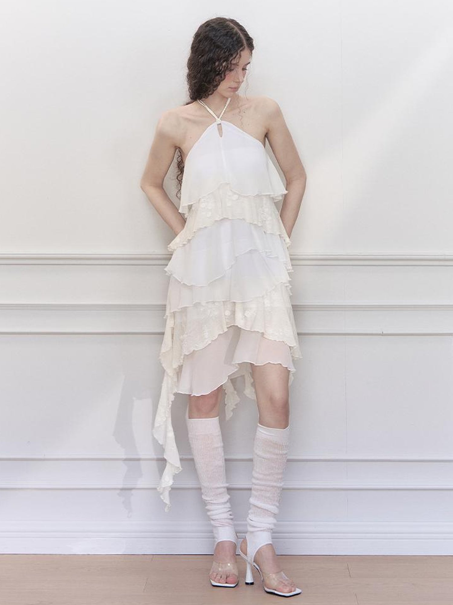 AnnoMundi Floral Embroidered Sheath Chiffon Mini Dress V Neck