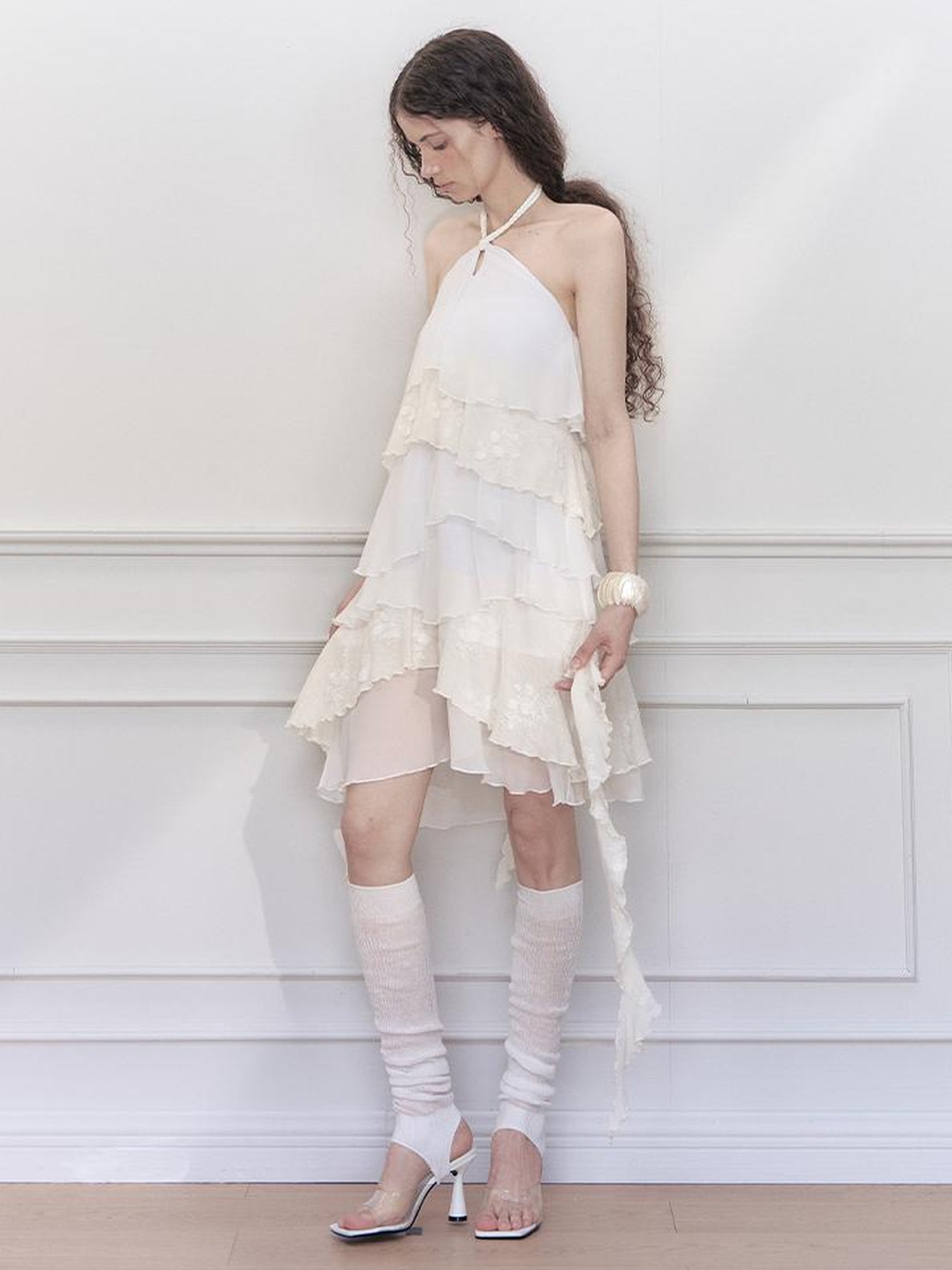 AnnoMundi Floral Embroidered Sheath Chiffon Mini Dress V Neck
