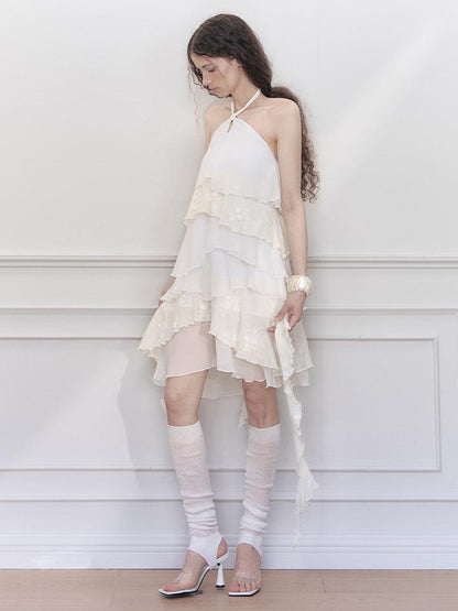AnnoMundi Floral Embroidered Sheath Chiffon Mini Dress V Neck