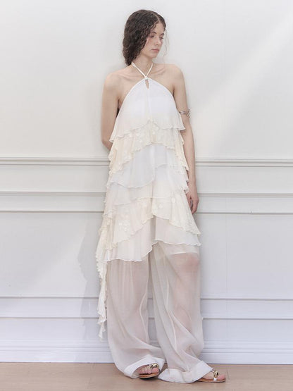 AnnoMundi Floral Embroidered Sheath Chiffon Mini Dress V Neck