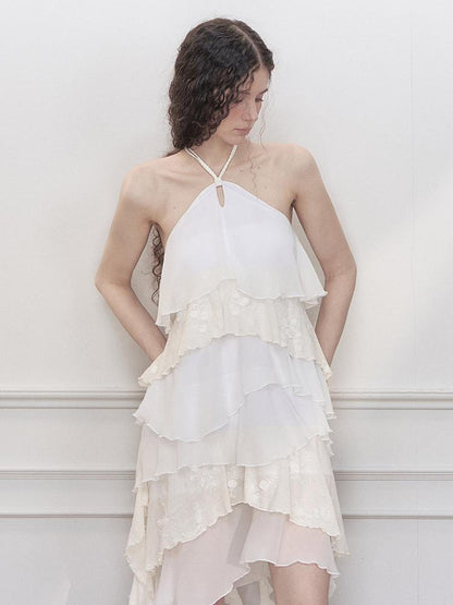 AnnoMundi Floral Embroidered Sheath Chiffon Mini Dress V Neck