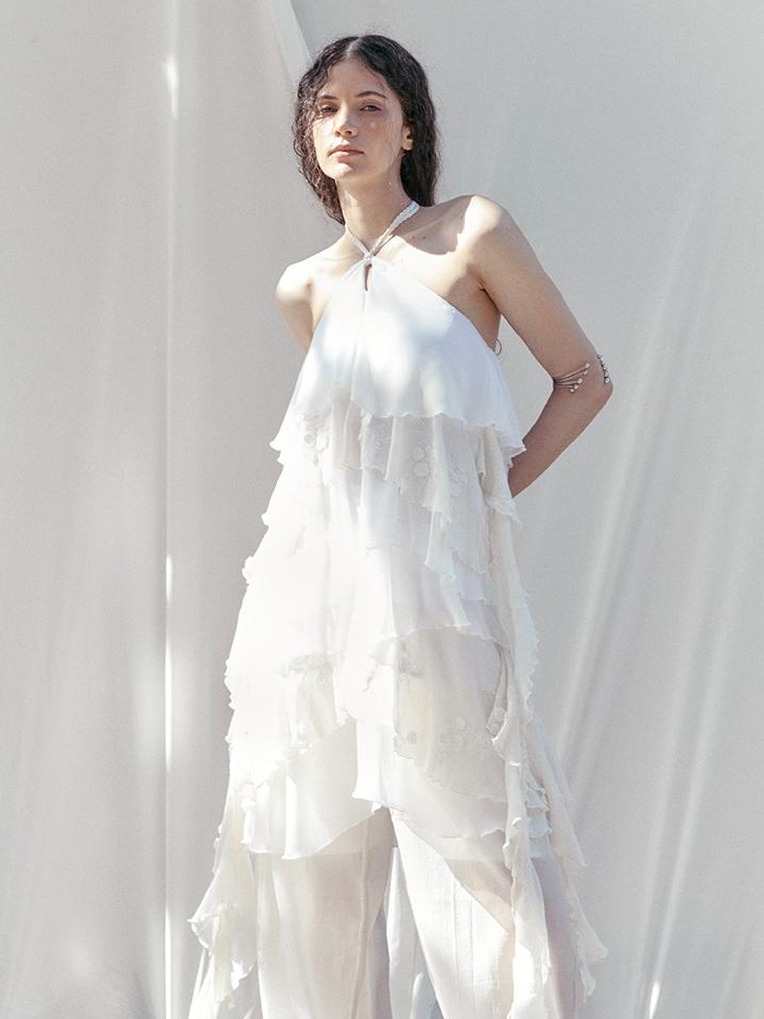 AnnoMundi Floral Embroidered Sheath Chiffon Mini Dress V Neck