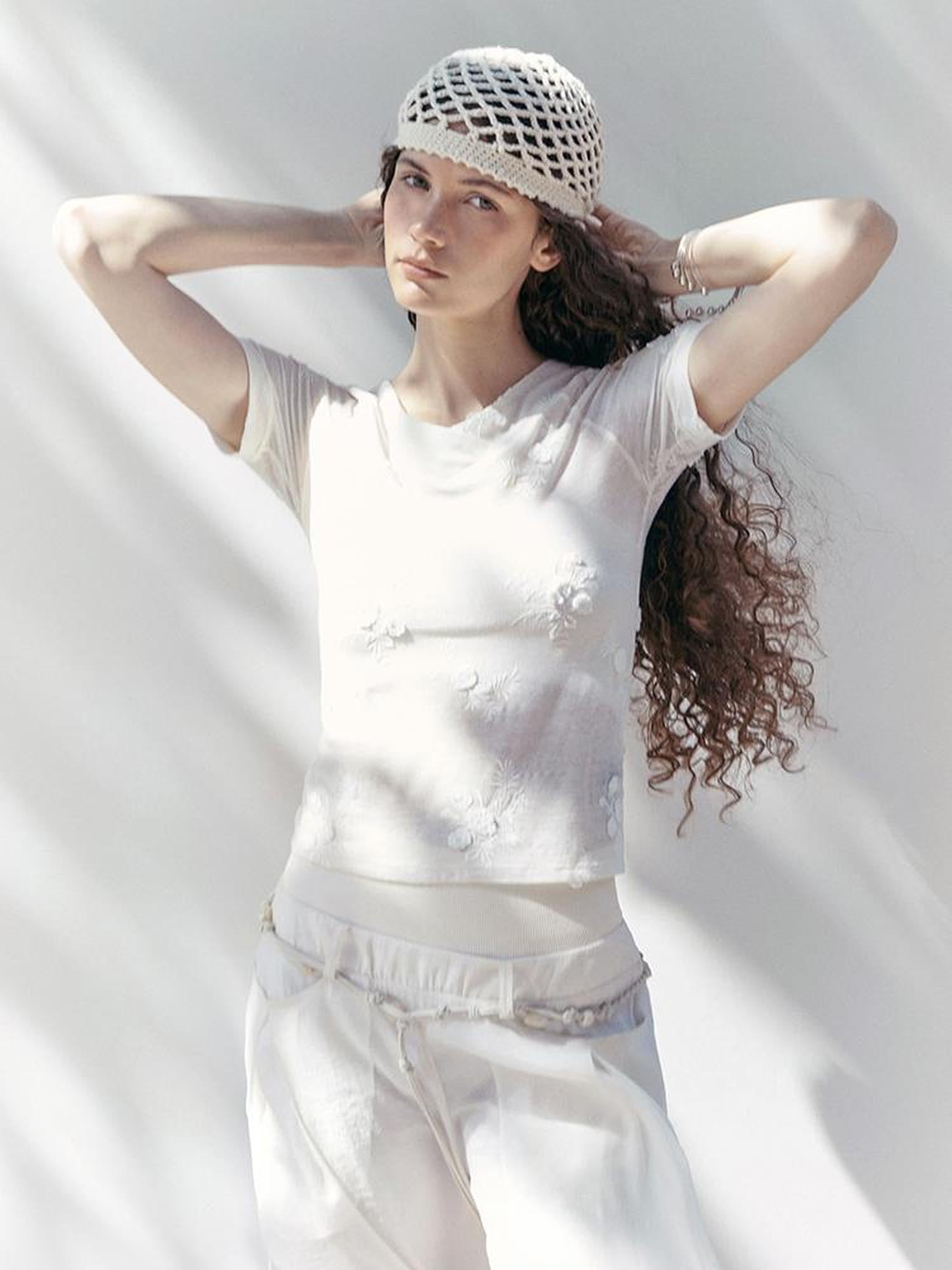 AnnoMundi Floral Embroidered Sheer V Neck Tee