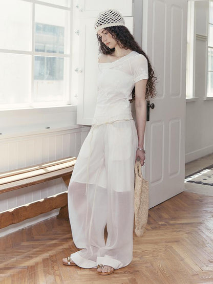 AnnoMundi Floral Embroidered Sheer V Neck Tee
