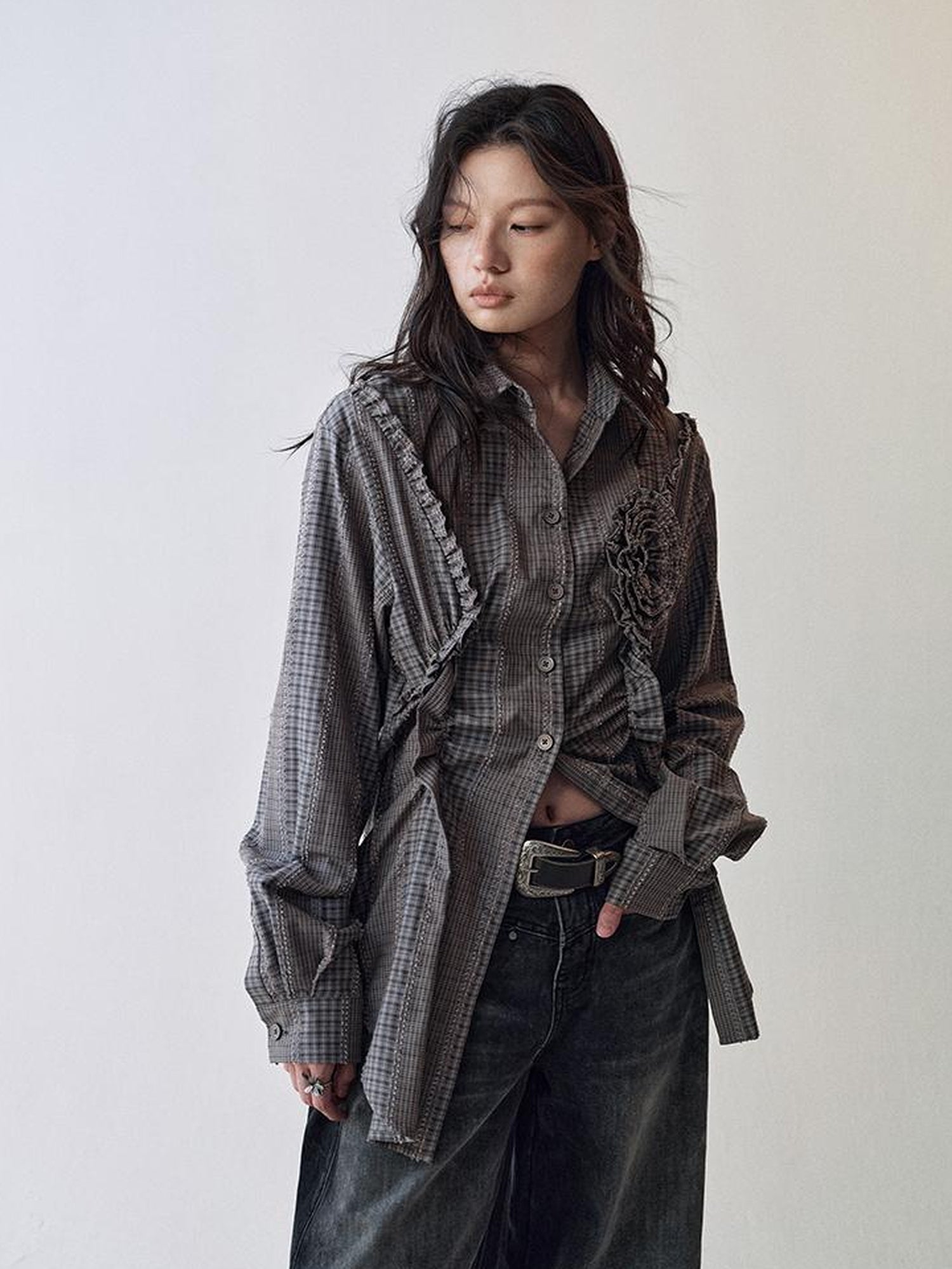 AnnoMundi Floral Pleat Checkered Shirt Skirt Set