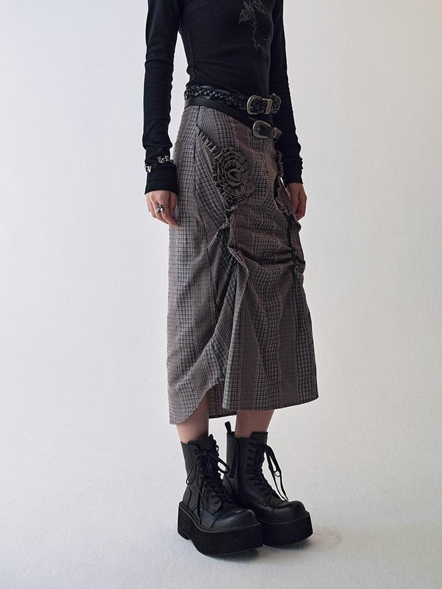 AnnoMundi Floral Pleat Checkered Shirt Skirt Set