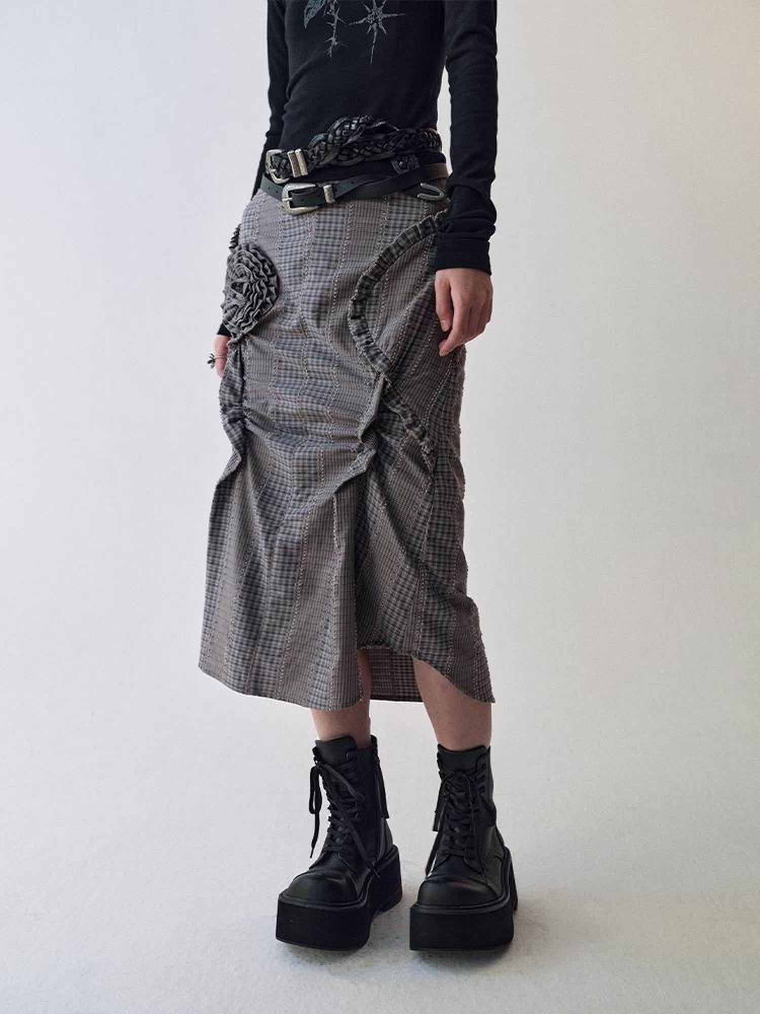AnnoMundi Floral Pleat Checkered Shirt Skirt Set