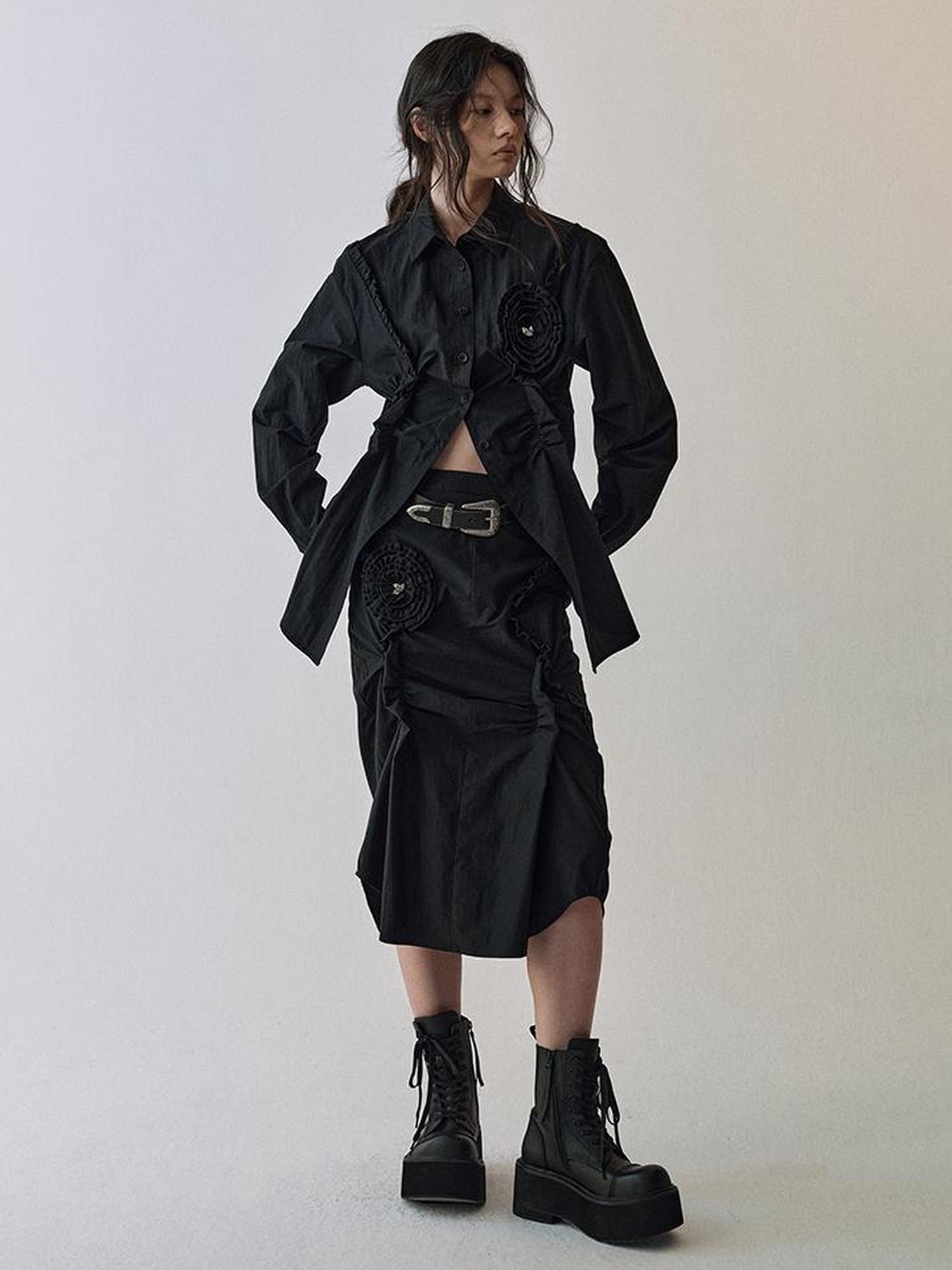 AnnoMundi Floral Pleat Checkered Shirt Skirt Set