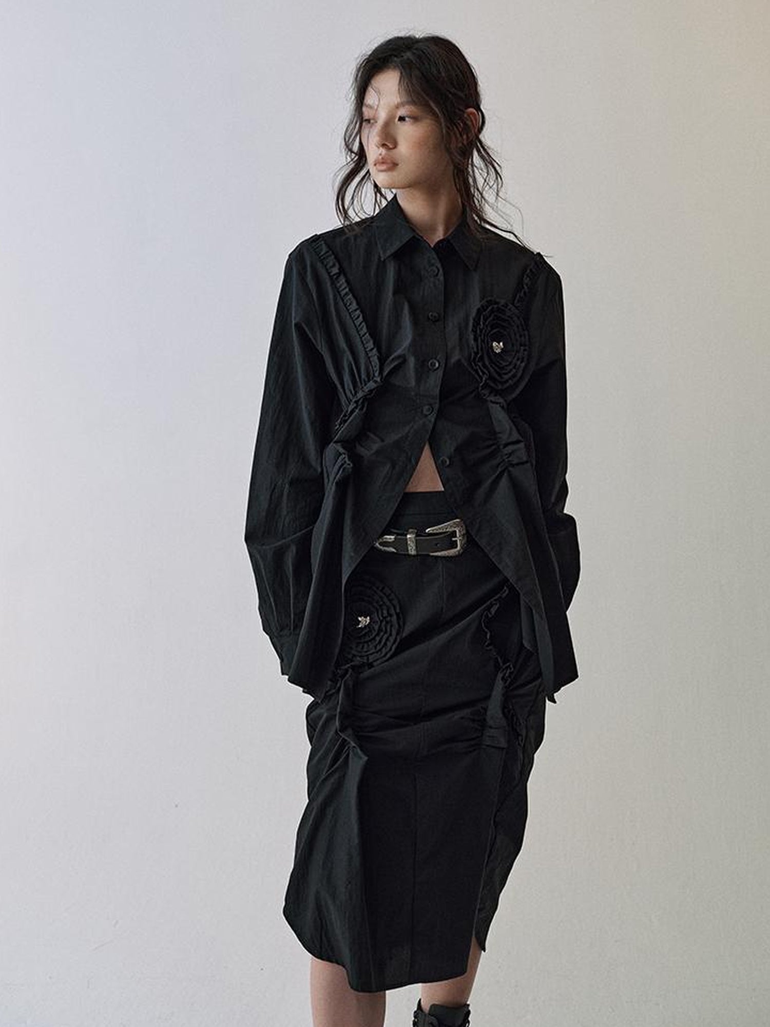 AnnoMundi Floral Pleat Checkered Shirt Skirt Set