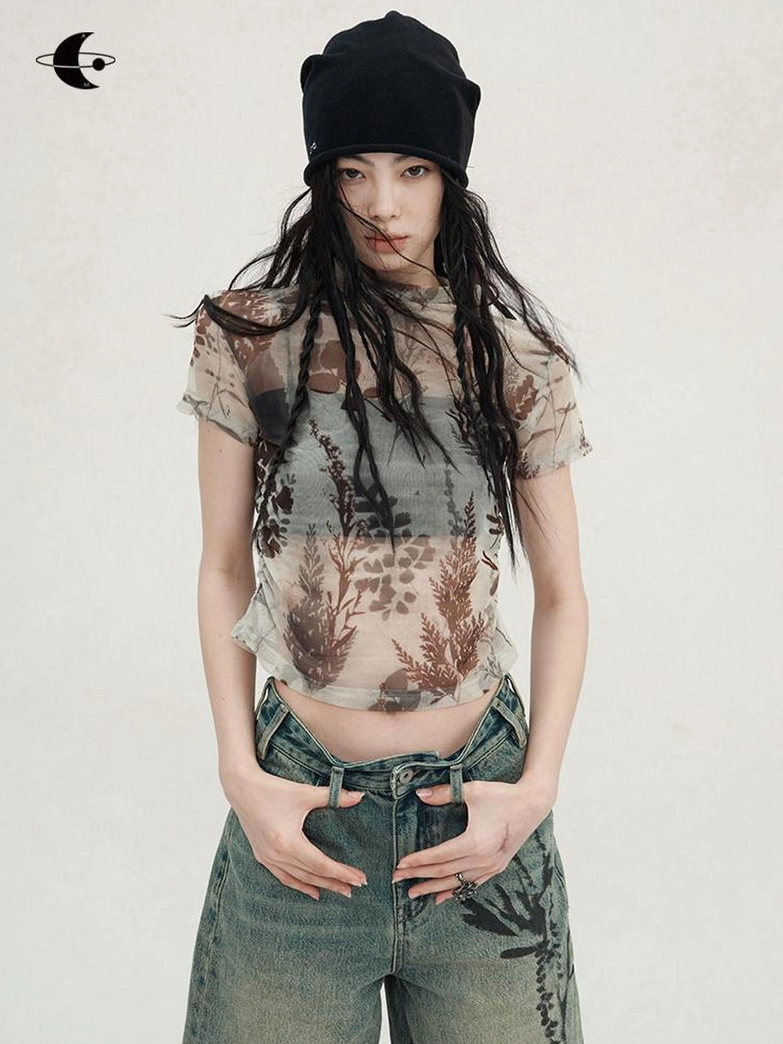 AnnoMundi Floral Veil Sheer Mesh Tee V-neck T-shirt Long Sleeve T-shirt