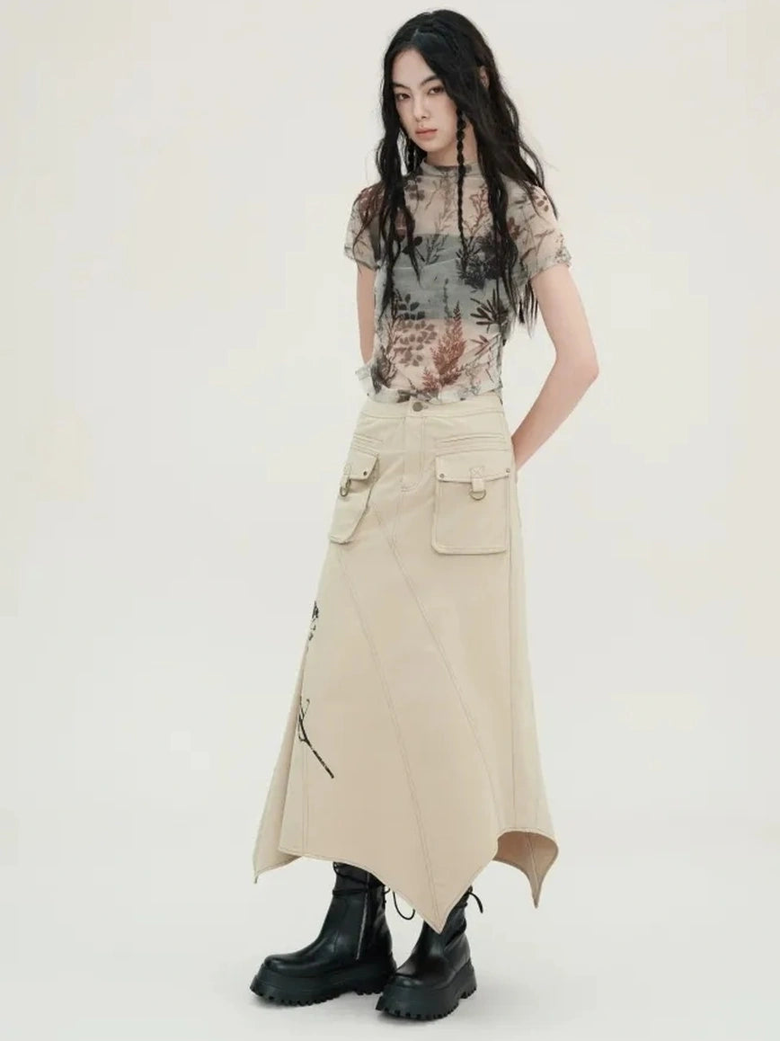 AnnoMundi Floral Veil Sheer Mesh Tee V-neck T-shirt Long Sleeve T-shirt