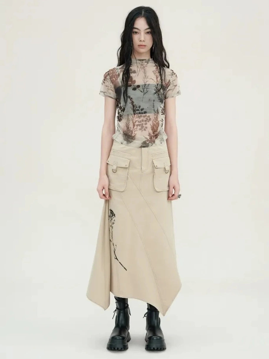 AnnoMundi Floral Veil Sheer Mesh Tee V-neck T-shirt Long Sleeve T-shirt