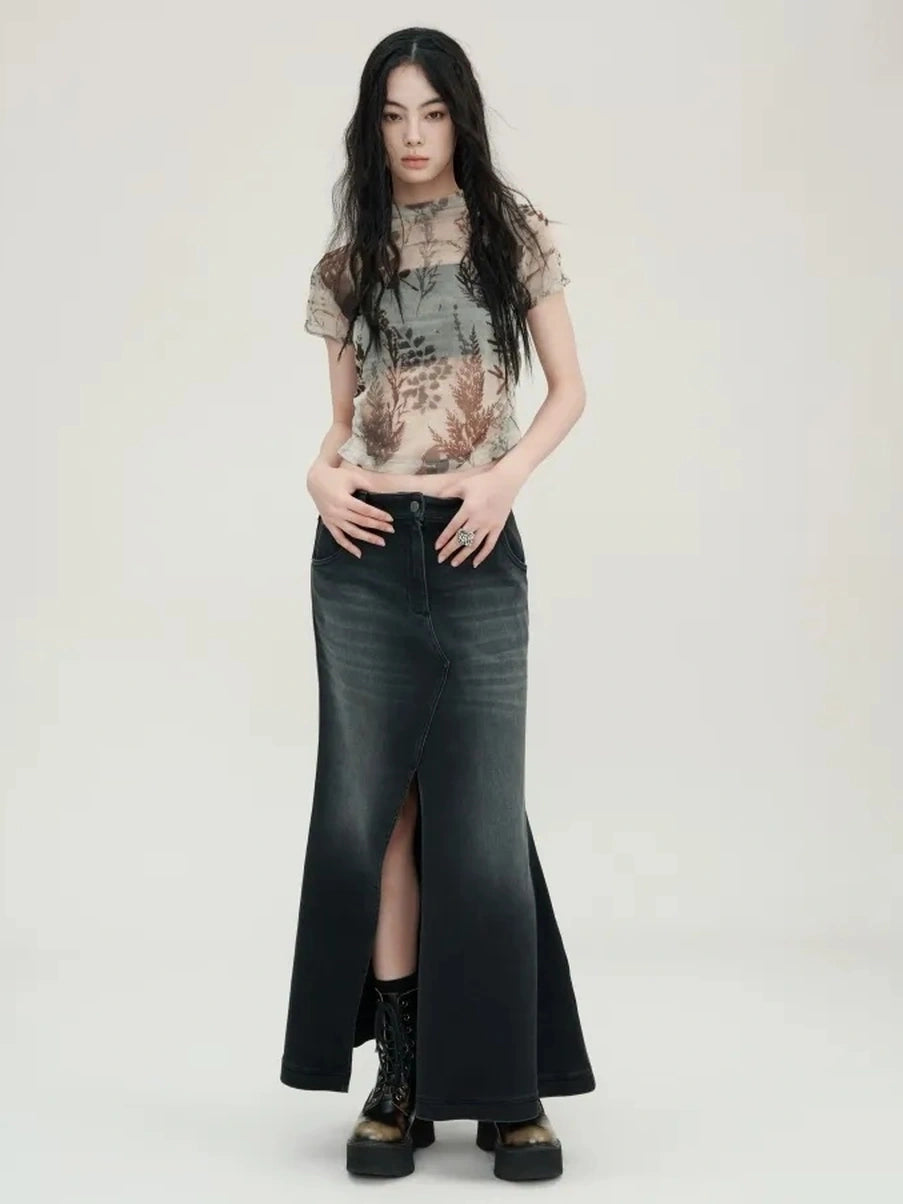 AnnoMundi Floral Veil Sheer Mesh Tee V-neck T-shirt Long Sleeve T-shirt