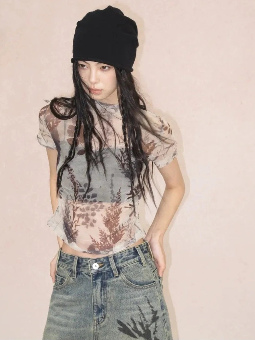 AnnoMundi Floral Veil Sheer Mesh Tee V-neck T-shirt Long Sleeve T-shirt