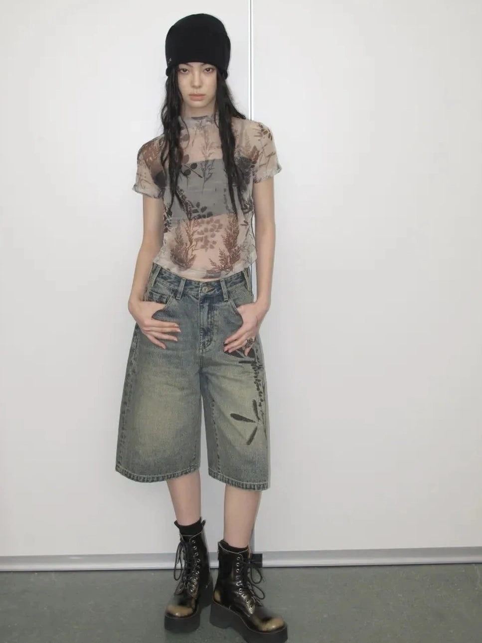 AnnoMundi Floral Veil Sheer Mesh Tee V-neck T-shirt Long Sleeve T-shirt