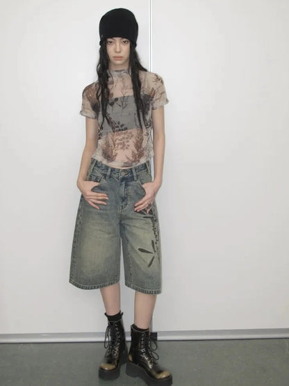 AnnoMundi Floral Veil Sheer Mesh Tee V-neck T-shirt Long Sleeve T-shirt