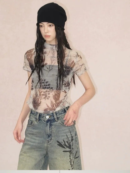 AnnoMundi Floral Veil Sheer Mesh Tee V-neck T-shirt Long Sleeve T-shirt