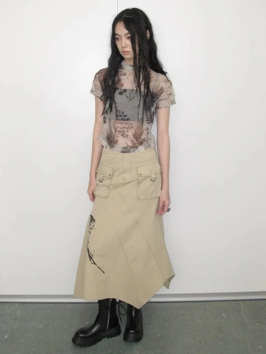 AnnoMundi Floral Veil Sheer Mesh Tee V-neck T-shirt Long Sleeve T-shirt