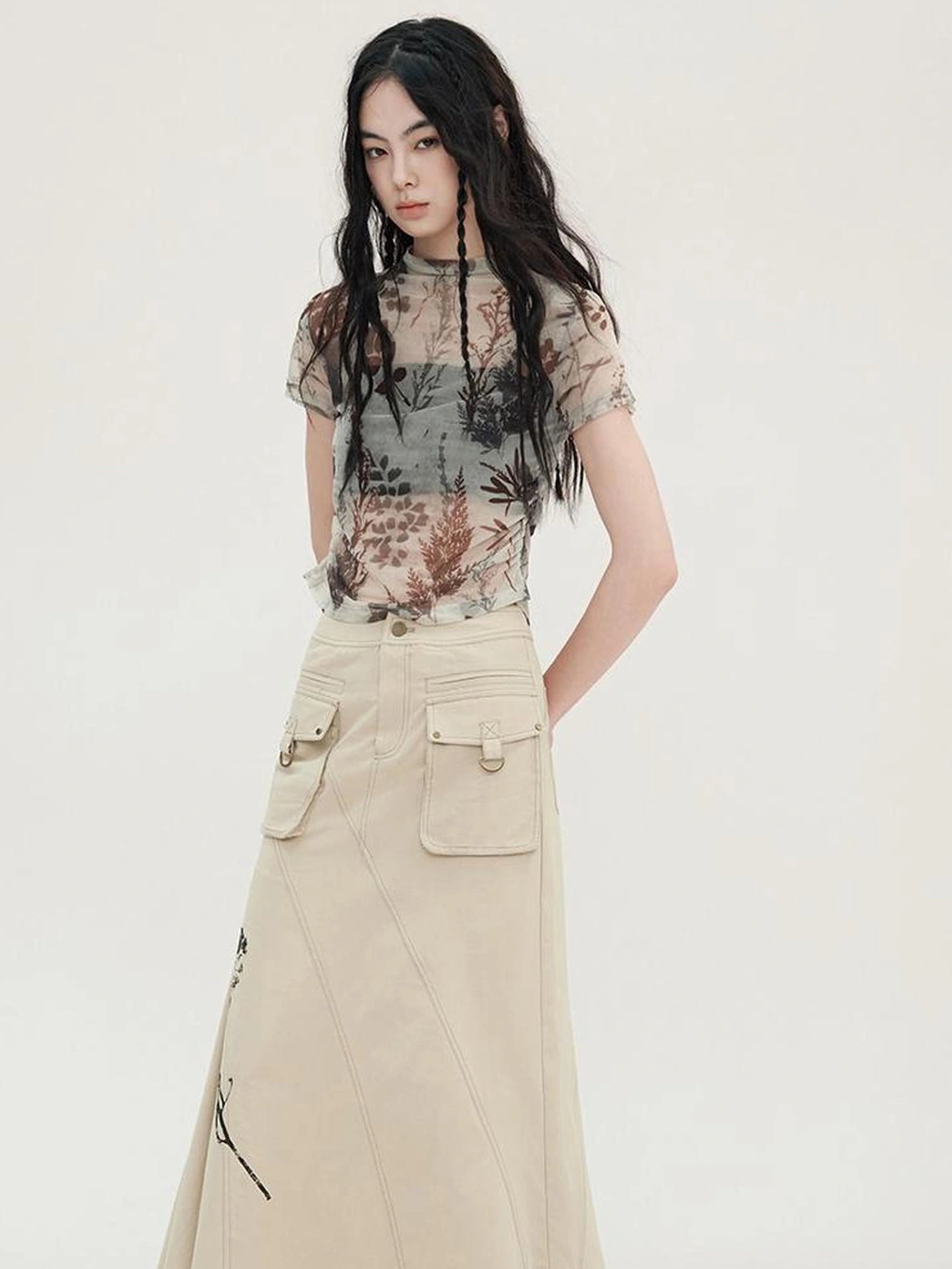 AnnoMundi Floral Veil Sheer Mesh Tee V-neck T-shirt Long Sleeve T-shirt