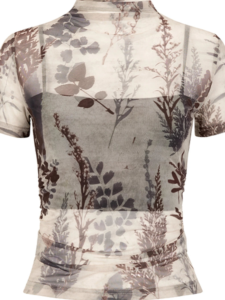 AnnoMundi Floral Veil Sheer Mesh Tee V-neck T-shirt Long Sleeve T-shirt