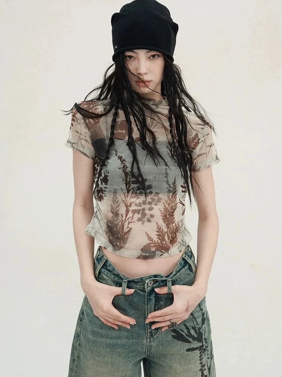 AnnoMundi Floral Veil Sheer Mesh Tee V-neck T-shirt Long Sleeve T-shirt