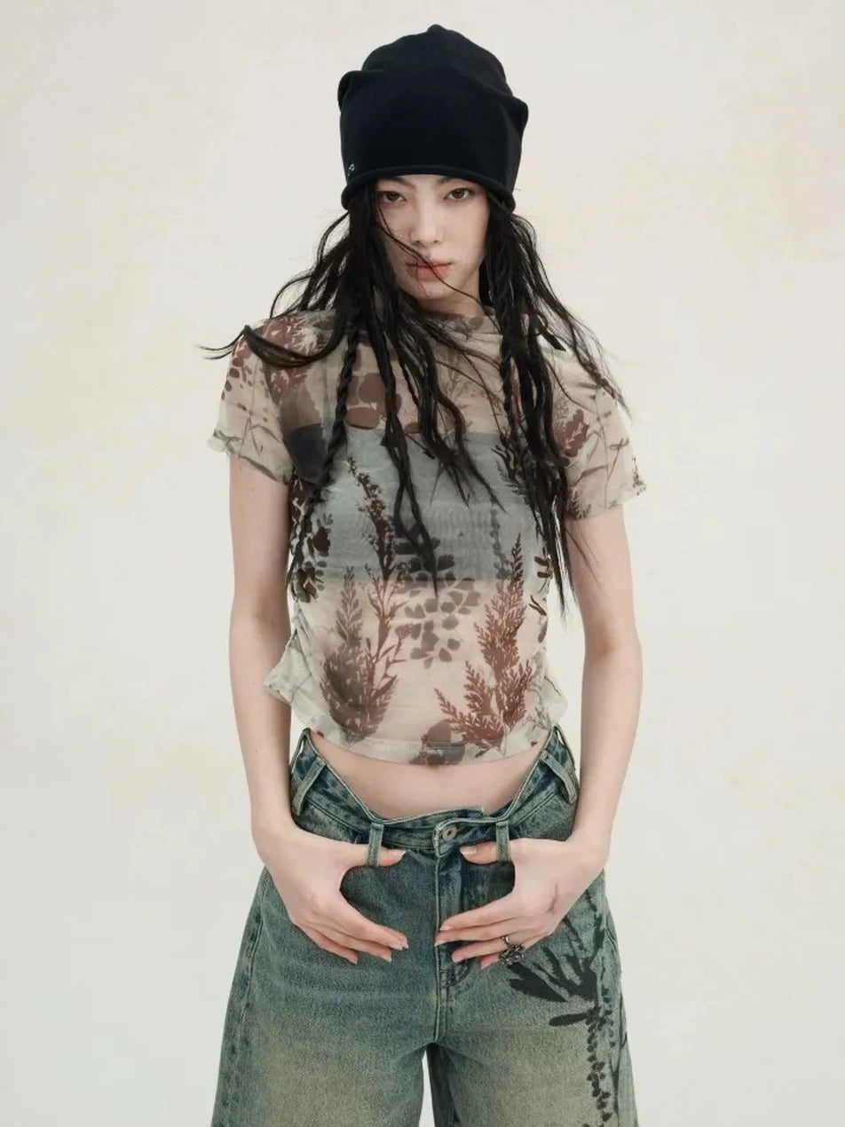 AnnoMundi Floral Veil Sheer Mesh Tee V-neck T-shirt Long Sleeve T-shirt