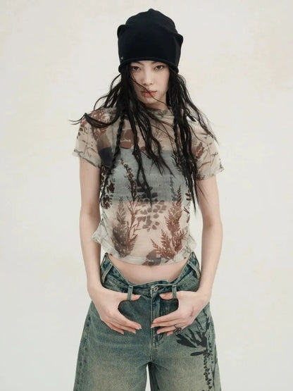 AnnoMundi Floral Veil Sheer Mesh Tee V-neck T-shirt Long Sleeve T-shirt