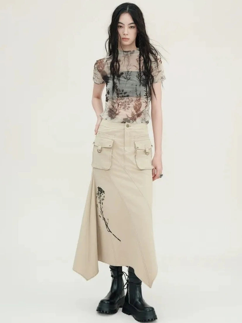 AnnoMundi Floral Veil Sheer Mesh Tee V-neck T-shirt Long Sleeve T-shirt