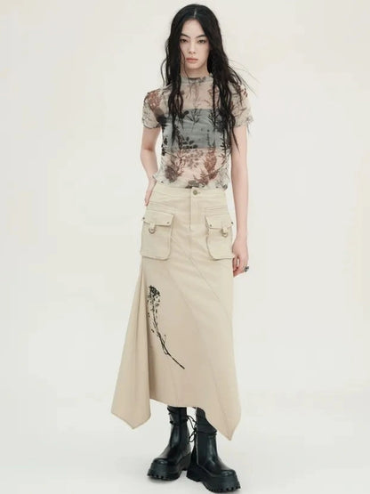 AnnoMundi Floral Veil Sheer Mesh Tee V-neck T-shirt Long Sleeve T-shirt