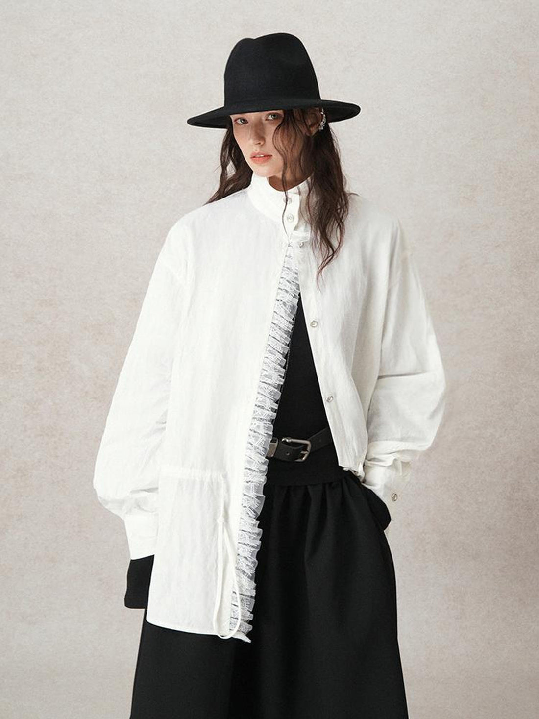 AnnoMundi French Lace Blouse With Drawstring Neckline And Floral Embroidery