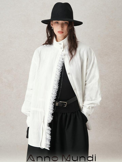AnnoMundi French Lace Blouse With Drawstring Neckline And Floral Embroidery